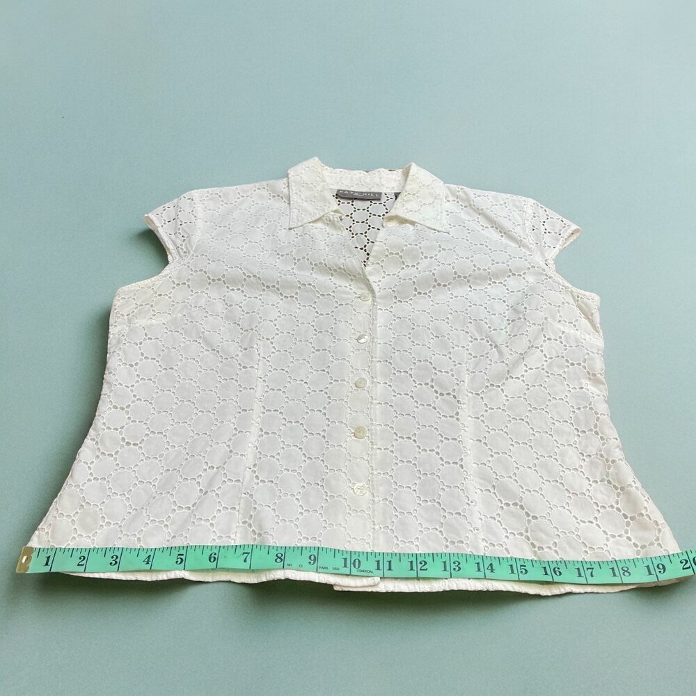 Kate Hill 14P Petite White Eyelet Lined Short Sleeve Button-Front Blouse - Picture 9 of 10